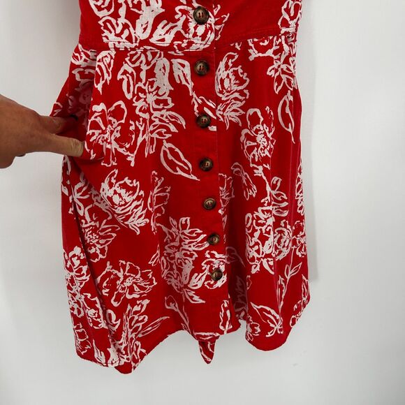 FREE PEOPLE Red Orange Floral Print Linen Button Up Babydoll Mini Dress Size 2 - Picture 6 of 8